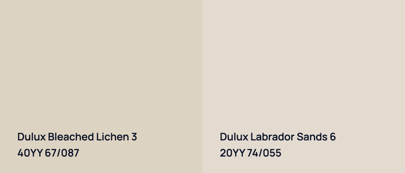 Dulux Bleached Lichen 3 40YY 67/087 vs Dulux Labrador Sands 6 20YY 74/055