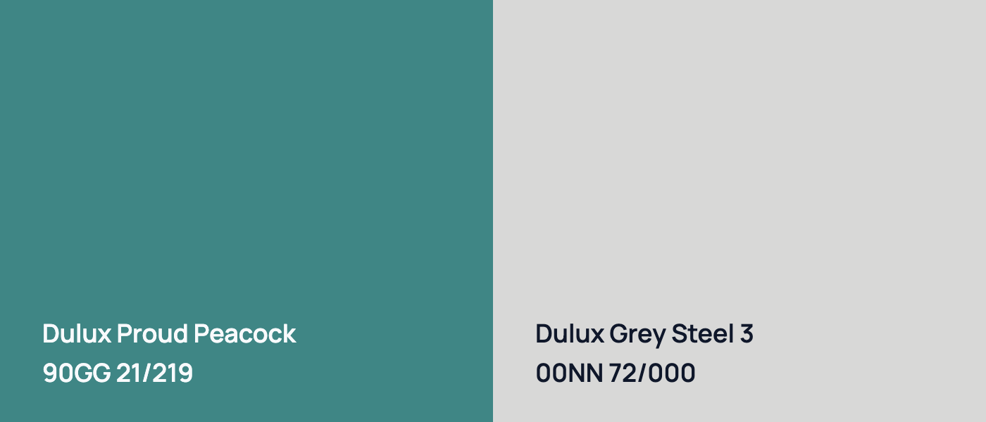 Dulux Proud Peacock 90GG 21/219 vs Dulux Grey Steel 3 00NN 72/000