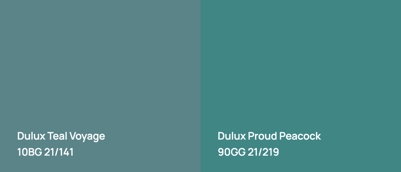Dulux Teal Voyage 10BG 21/141 vs Dulux Proud Peacock 90GG 21/219