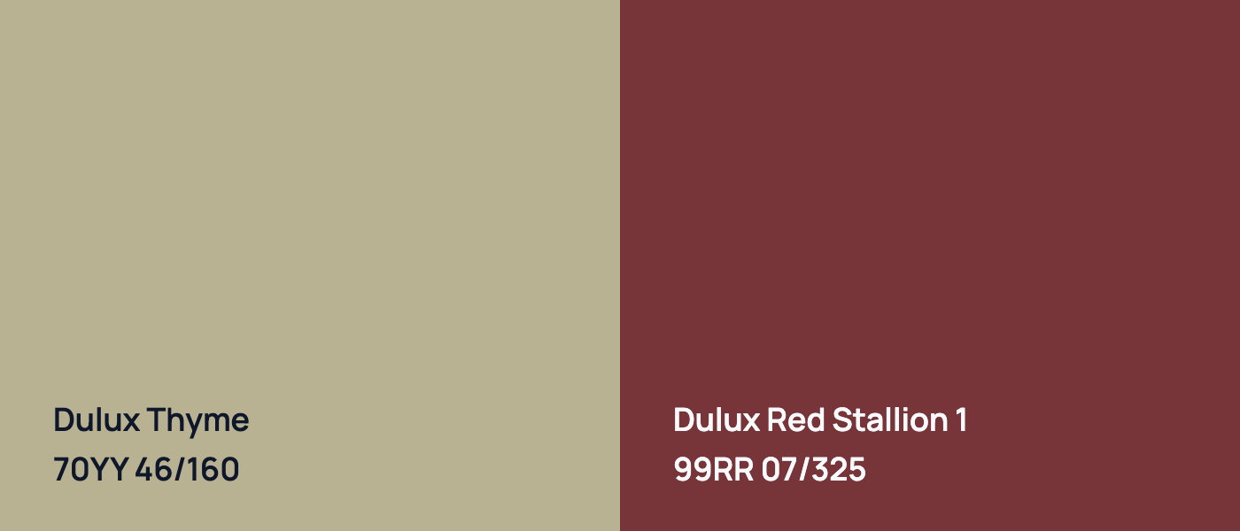Dulux Thyme 70YY 46/160 vs Dulux Red Stallion 1 99RR 07/325