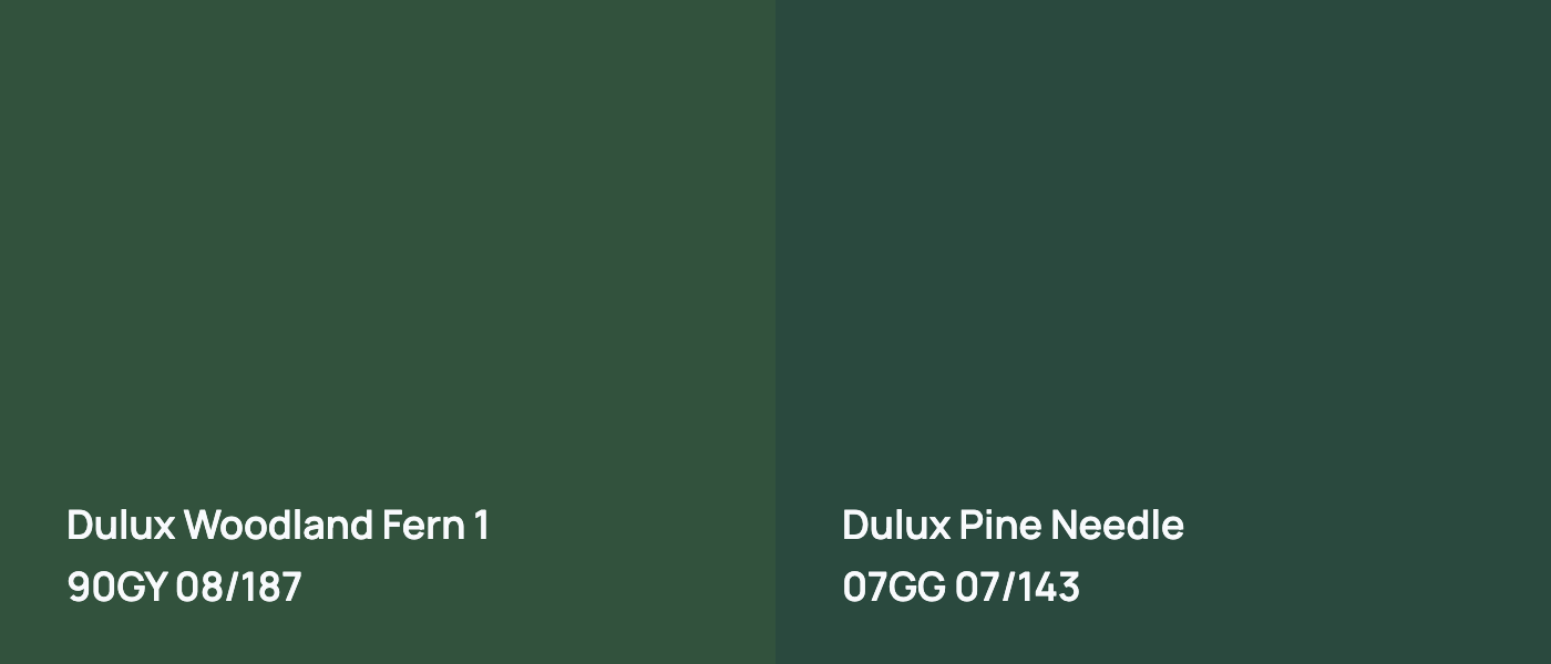 Dulux Woodland Fern 1 90GY 08/187 vs Dulux Pine Needle 07GG 07/143