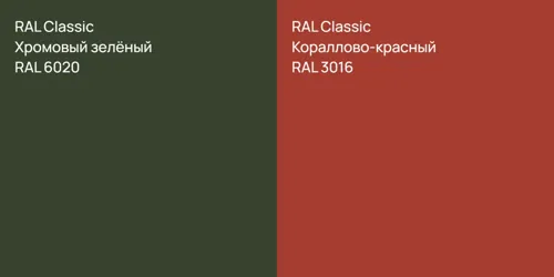 RAL 6020 Хромовый зелёный vs RAL 3016 Кораллово-красный