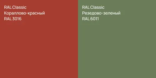 RAL 3016 Кораллово-красный vs RAL 6011 Резедово-зеленый