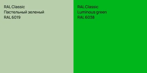 RAL 6019 Пастельный зеленый vs RAL 6038  Luminous green