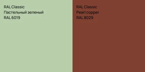 RAL 6019 Пастельный зеленый vs RAL 8029  Pearl copper