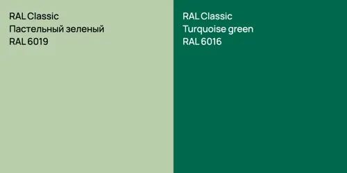 RAL 6019 Пастельный зеленый vs RAL 6016  Turquoise green