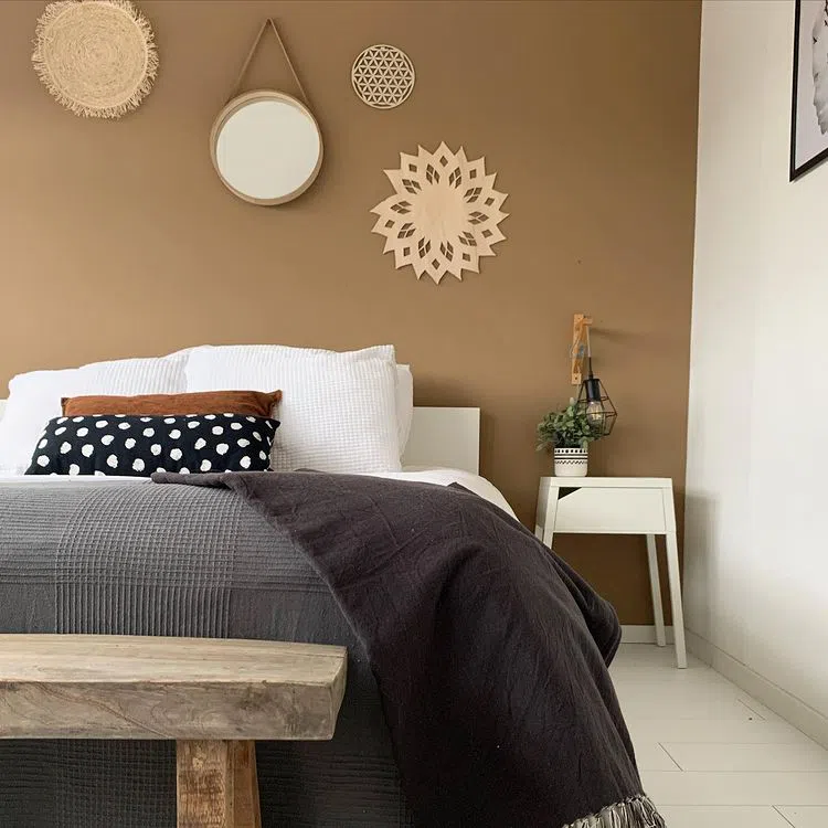 Яркая акцентная стена в спальне коричневого цвета