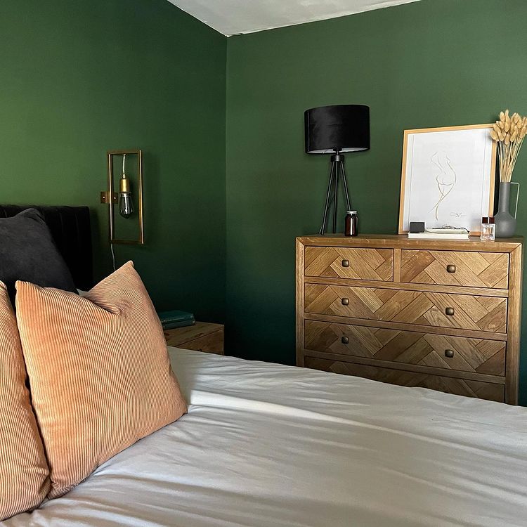 Фото примера интерьера спальни с темно-зелеными стенами