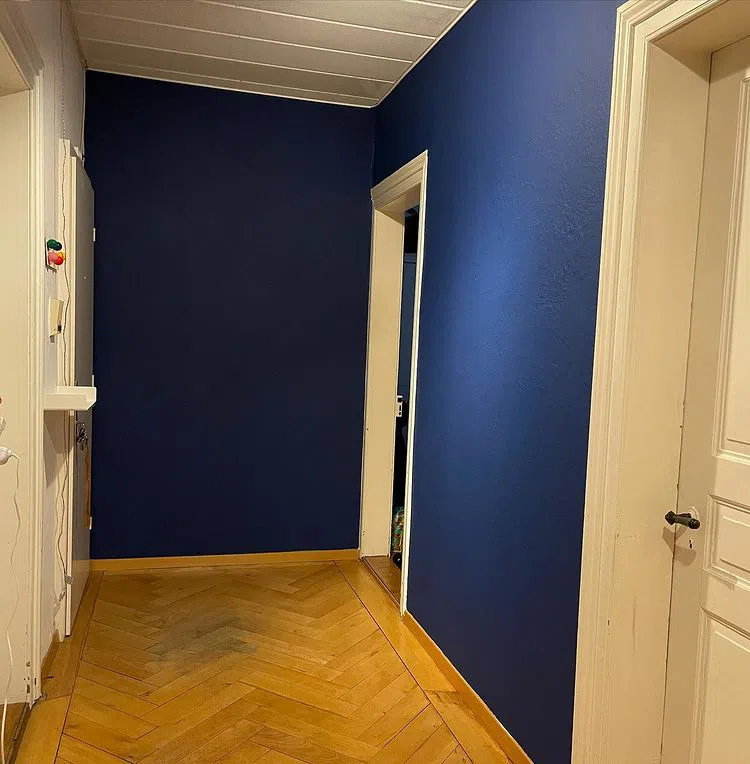 Темно-синие стены RAL 5000 в интерьере с белыми дверьми