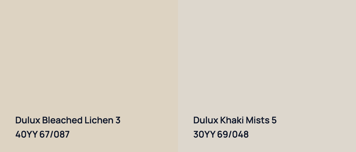 Dulux Bleached Lichen 3 40YY 67/087 vs Dulux Khaki Mists 5 30YY 69/048
