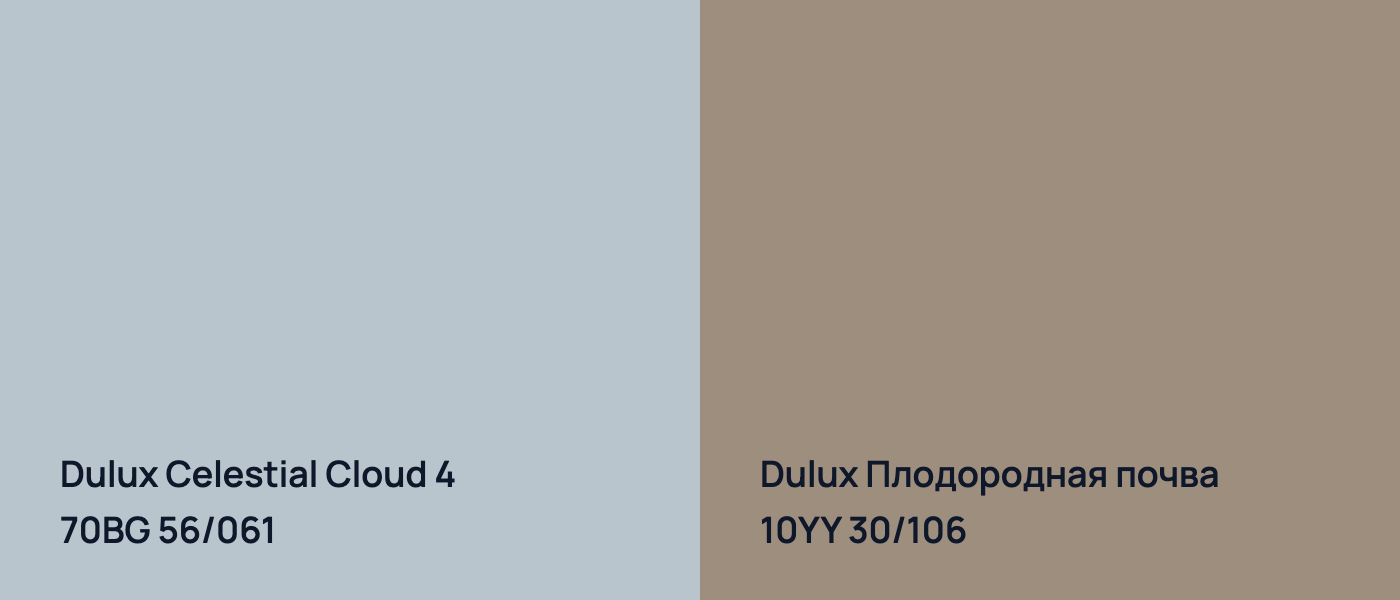 Dulux Celestial Cloud 4 70BG 56/061 vs Dulux Плодородная почва 10YY 30/106