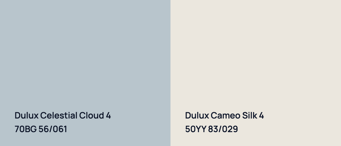 Dulux Celestial Cloud 4 70BG 56/061 vs Dulux Cameo Silk 4 50YY 83/029