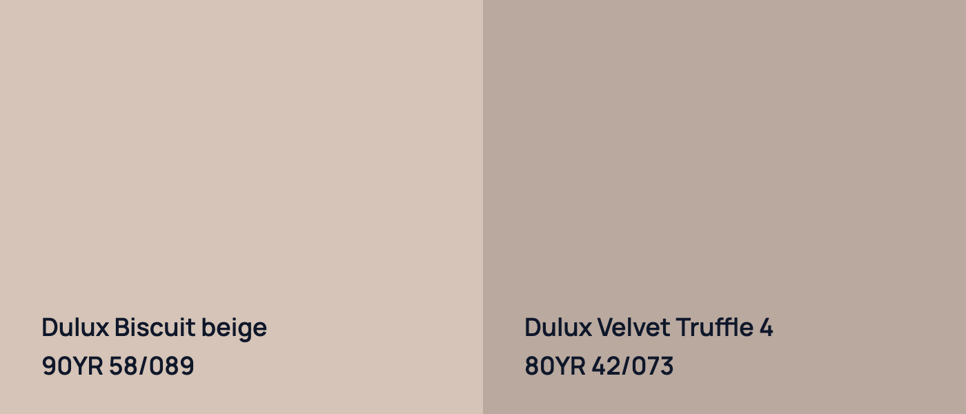 Dulux Biscuit beige 90YR 58/089 vs Dulux Velvet Truffle 4 80YR 42/073