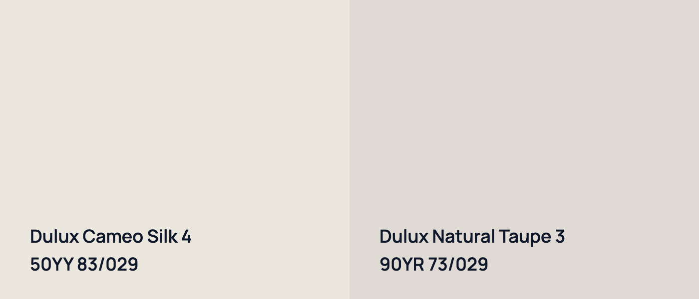 Dulux Cameo Silk 4 50YY 83/029 vs Dulux Natural Taupe 3 90YR 73/029
