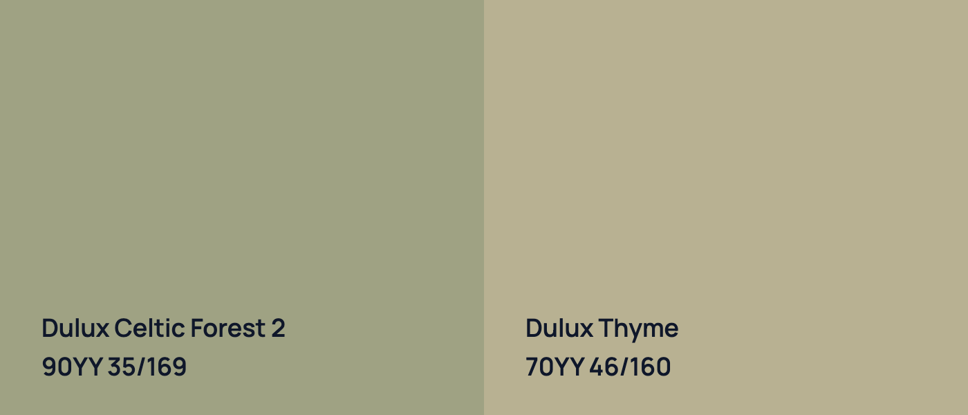 Dulux Celtic Forest 2 90YY 35/169 vs Dulux Thyme 70YY 46/160