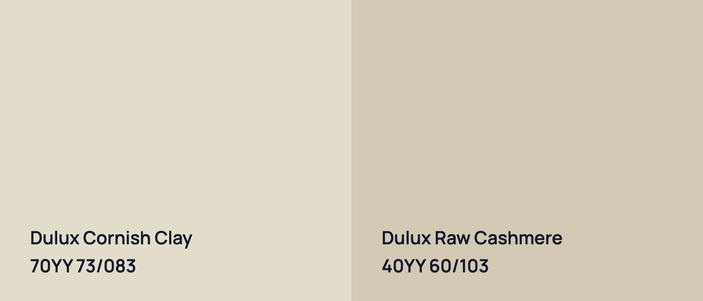 Dulux Cornish Clay 70YY 73/083 vs Dulux Raw Cashmere 40YY 60/103