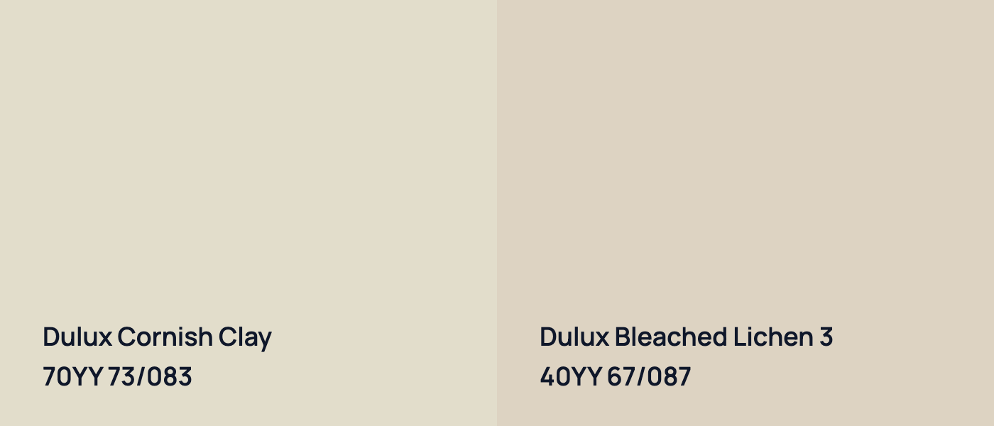 Dulux Cornish Clay 70YY 73/083 vs Dulux Bleached Lichen 3 40YY 67/087