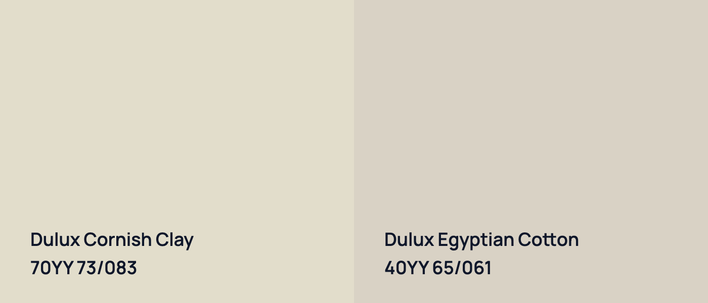 Dulux Cornish Clay 70YY 73/083 vs Dulux Egyptian Cotton 40YY 65/061