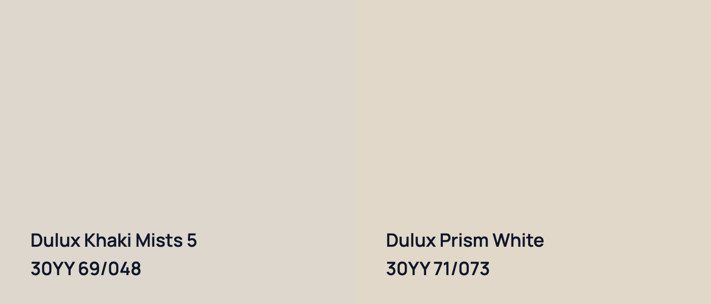 Dulux Khaki Mists 5 30YY 69/048 vs Dulux Prism White 30YY 71/073