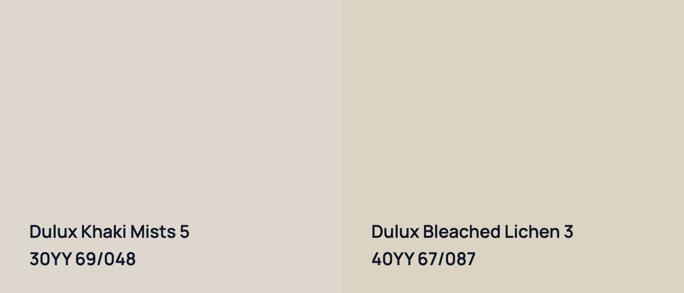Dulux Khaki Mists 5 30YY 69/048 vs Dulux Bleached Lichen 3 40YY 67/087