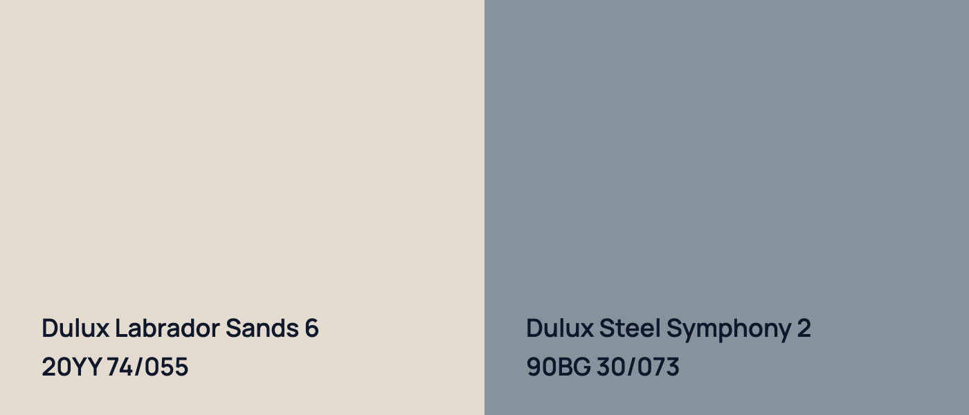 Dulux Labrador Sands 6 20YY 74/055 vs Dulux Steel Symphony 2 90BG 30/073