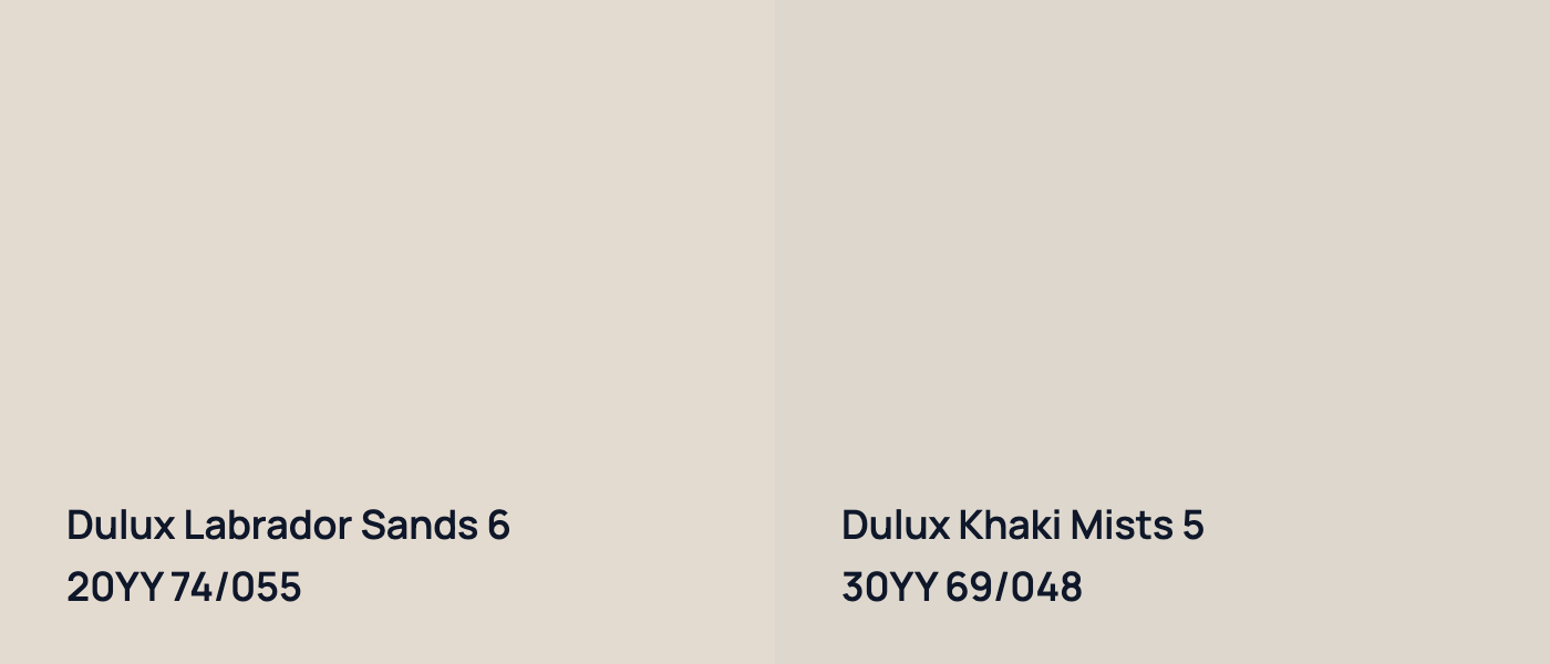 Dulux Labrador Sands 6 20YY 74/055 vs Dulux Khaki Mists 5 30YY 69/048