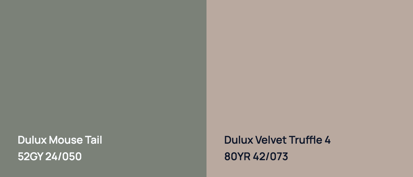 Dulux Mouse Tail 52GY 24/050 vs Dulux Velvet Truffle 4 80YR 42/073