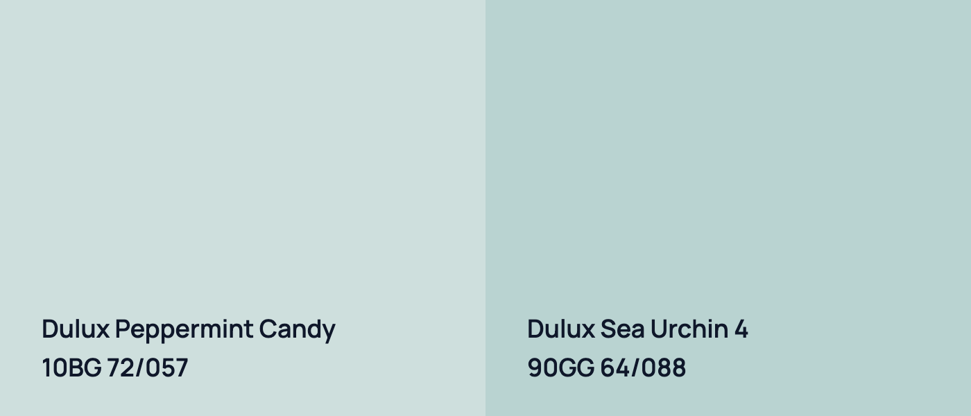 Dulux Peppermint Candy 10BG 72/057 vs Dulux Sea Urchin 4 90GG 64/088