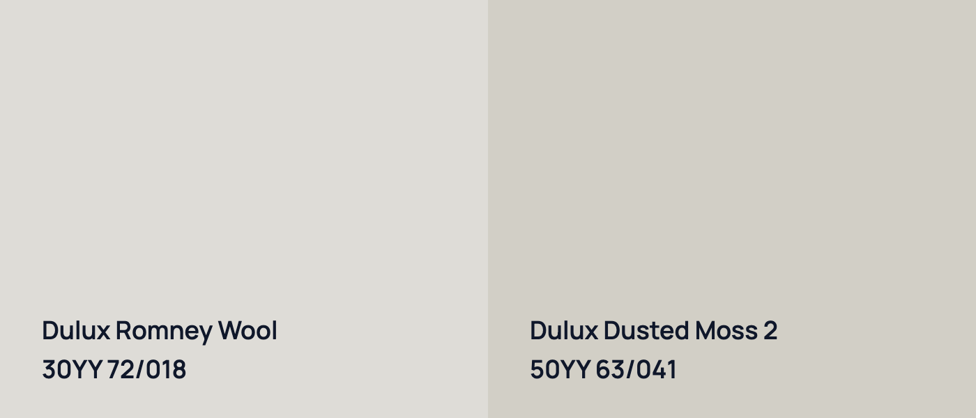 Dulux Romney Wool 30YY 72/018 vs Dulux Dusted Moss 2 50YY 63/041