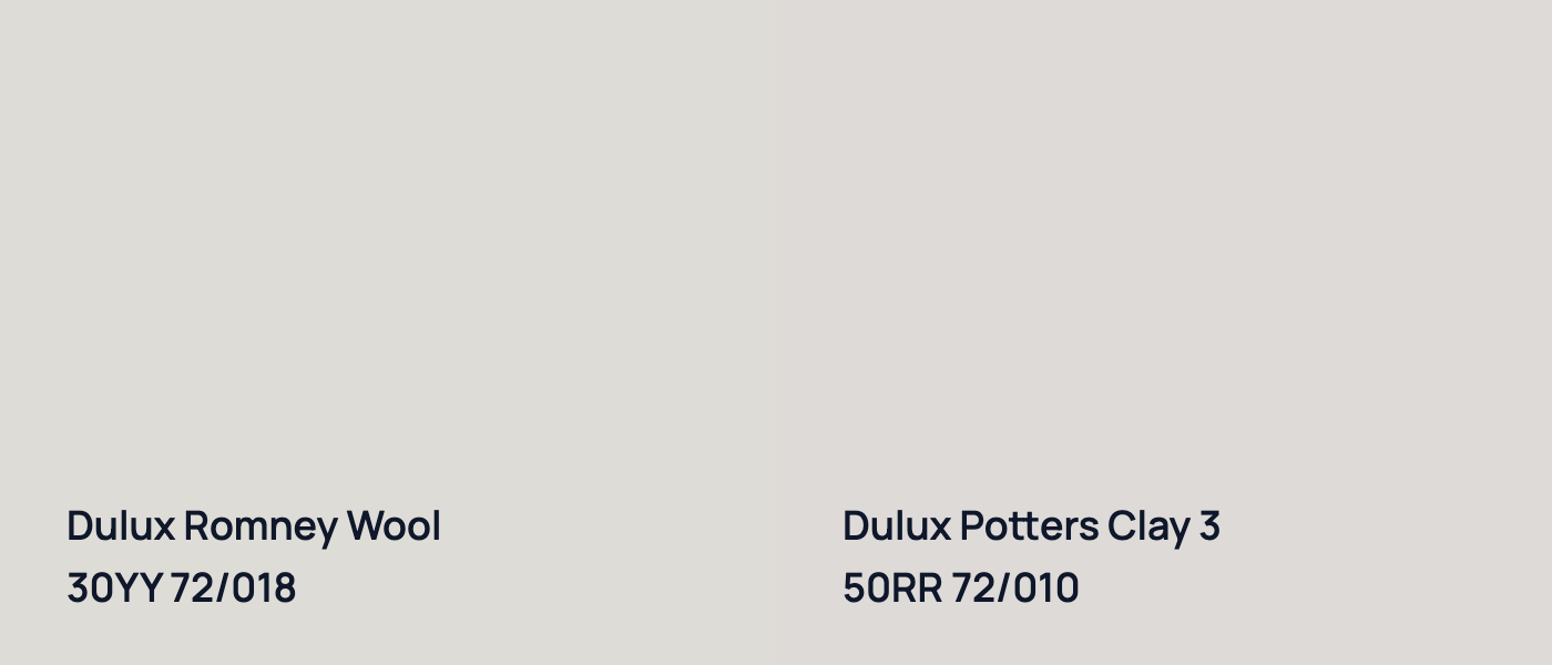 Dulux Romney Wool 30YY 72/018 vs Dulux Potters Clay 3 50RR 72/010