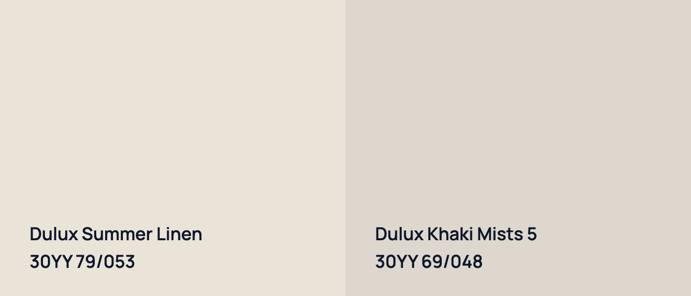 Dulux Summer Linen 30YY 79/053 vs Dulux Khaki Mists 5 30YY 69/048
