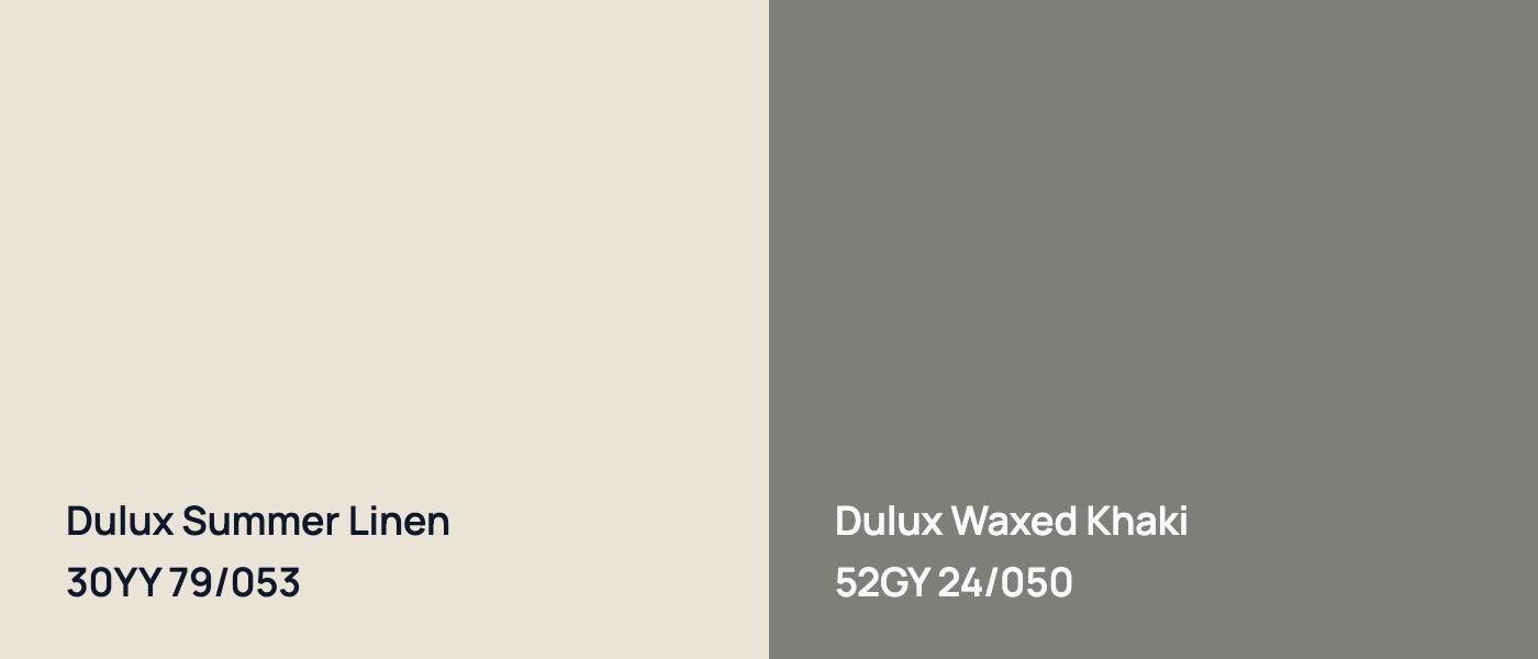 Dulux Summer Linen 30YY 79/053 vs Dulux Waxed Khaki 52GY 24/050