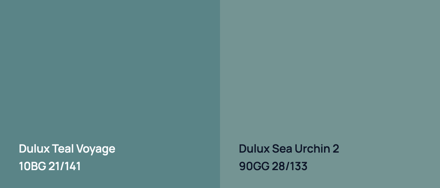 Dulux Teal Voyage 10BG 21/141 vs Dulux Sea Urchin 2 90GG 28/133