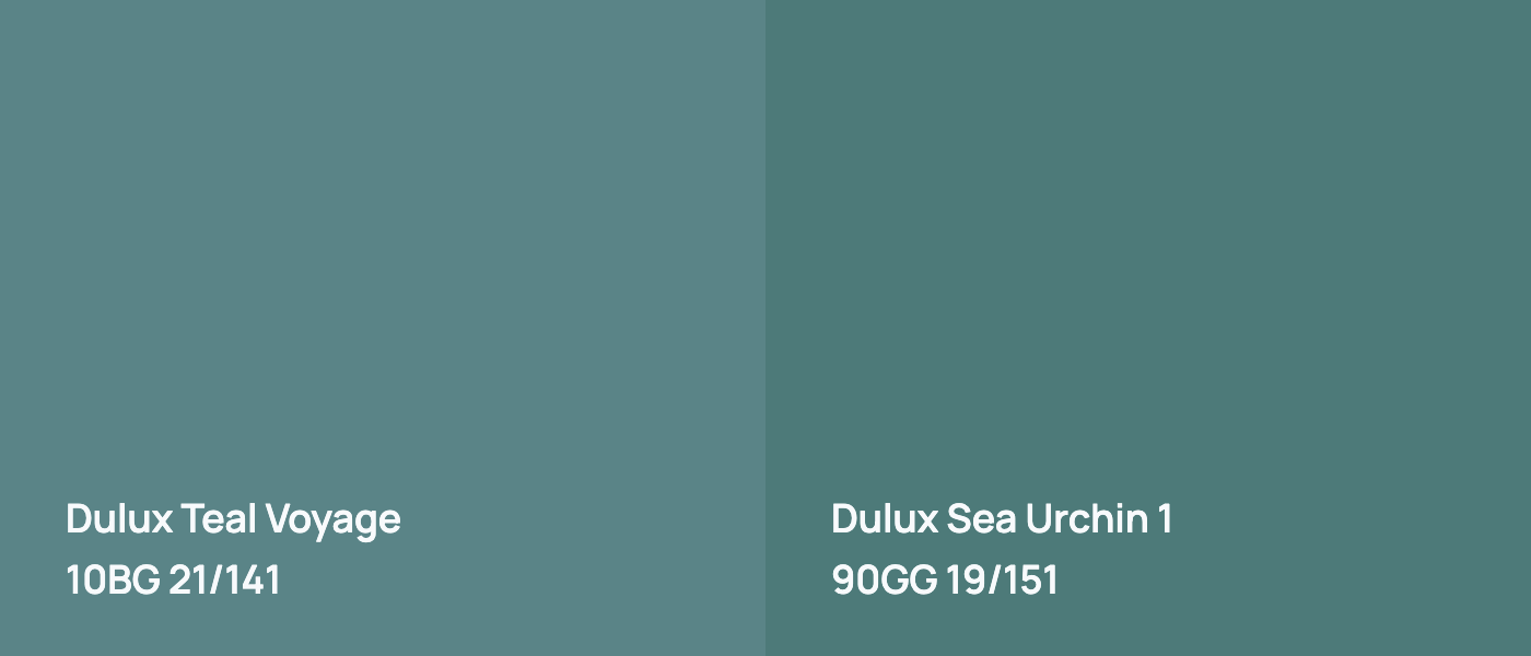 Dulux Teal Voyage 10BG 21/141 vs Dulux Sea Urchin 1 90GG 19/151