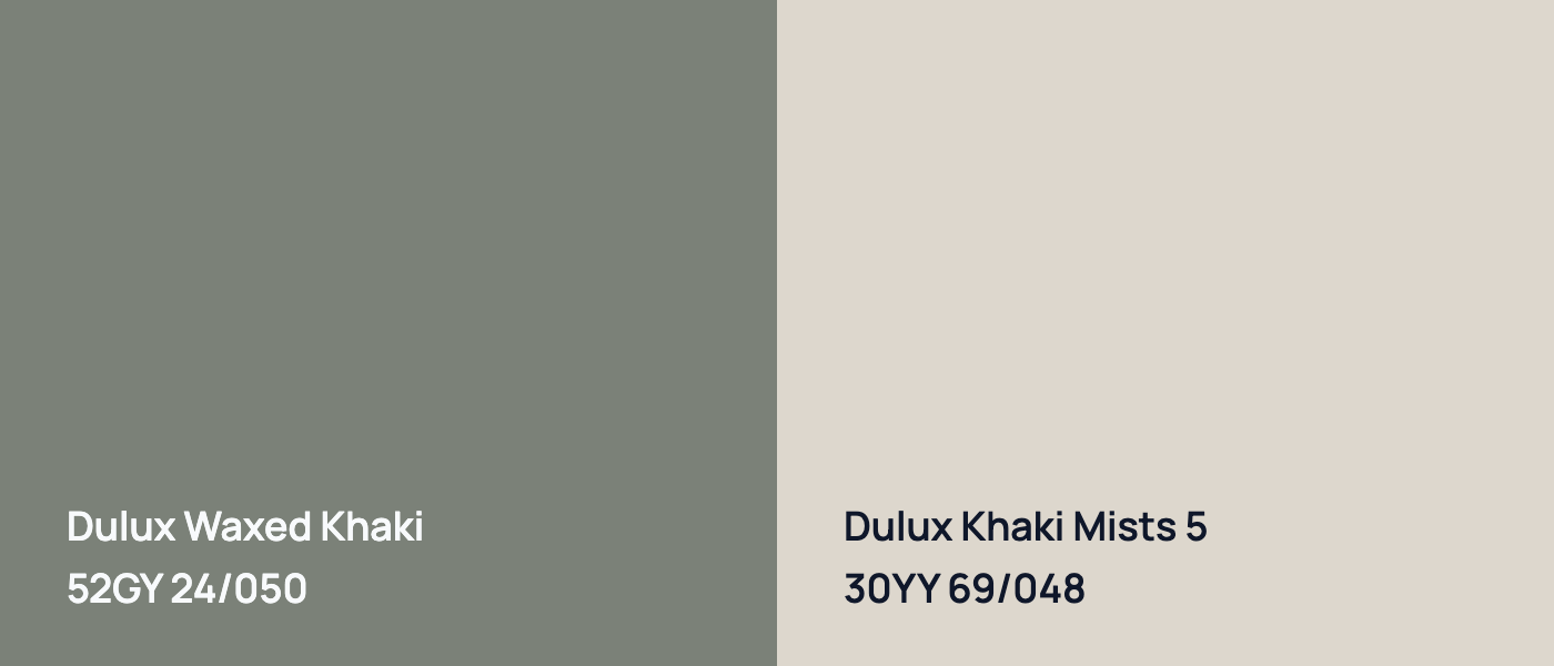 Dulux Waxed Khaki 52GY 24/050 vs Dulux Khaki Mists 5 30YY 69/048