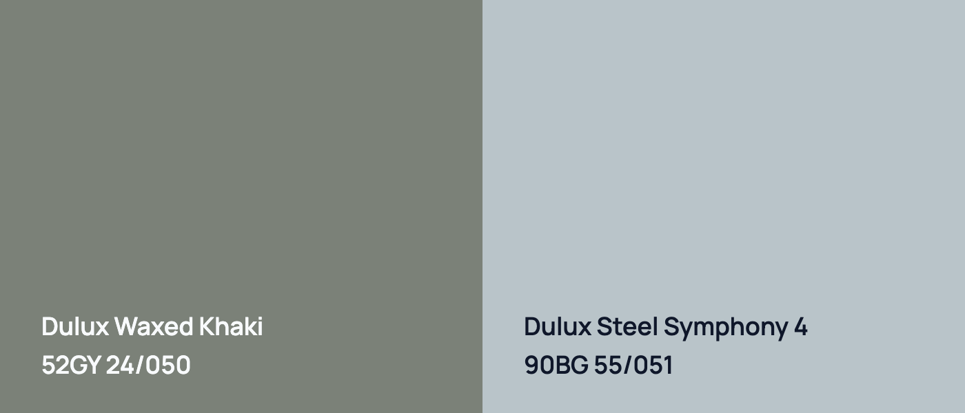 Dulux Waxed Khaki 52GY 24/050 vs Dulux Steel Symphony 4 90BG 55/051