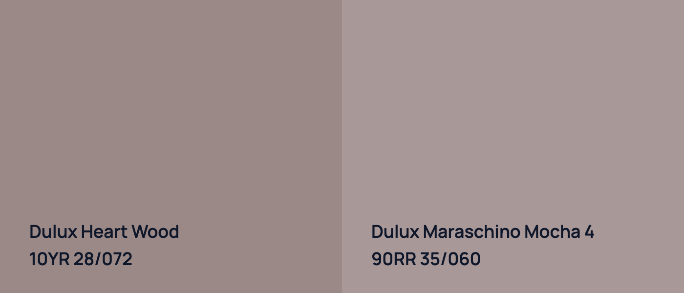 Dulux Heart Wood 10YR 28/072 vs Dulux Maraschino Mocha 4 90RR 35/060