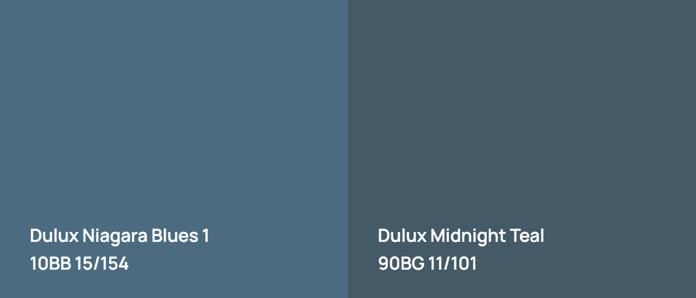 Dulux Niagara Blues 1 10BB 15/154 vs Dulux Midnight Teal 90BG 11/101