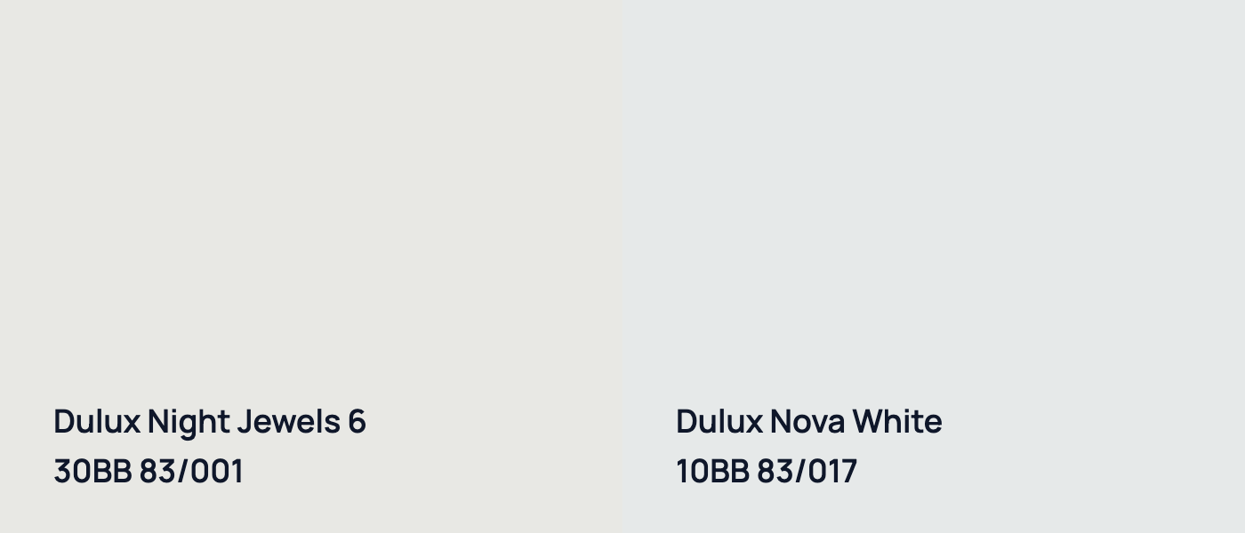 Dulux Night Jewels 6 30BB 83/001 vs Dulux Nova White 10BB 83/017