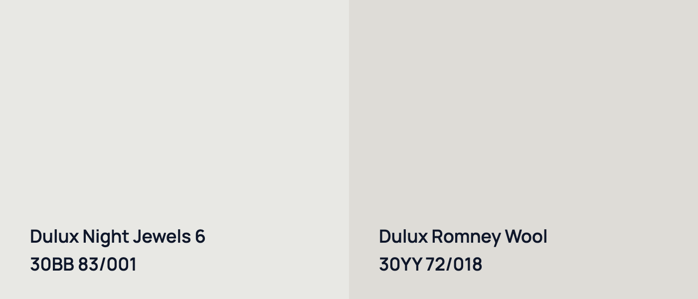 Dulux Night Jewels 6 30BB 83/001 vs Dulux Romney Wool 30YY 72/018