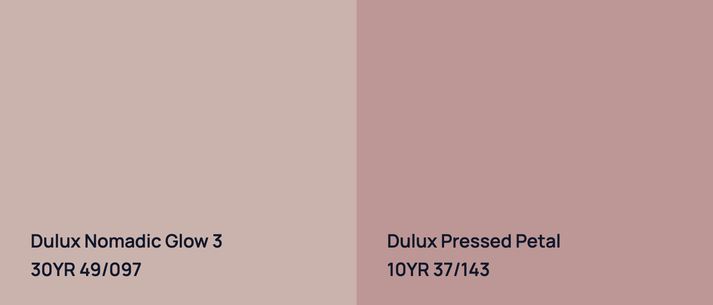 Dulux Nomadic Glow 3 30YR 49/097 vs Dulux Pressed Petal 10YR 37/143
