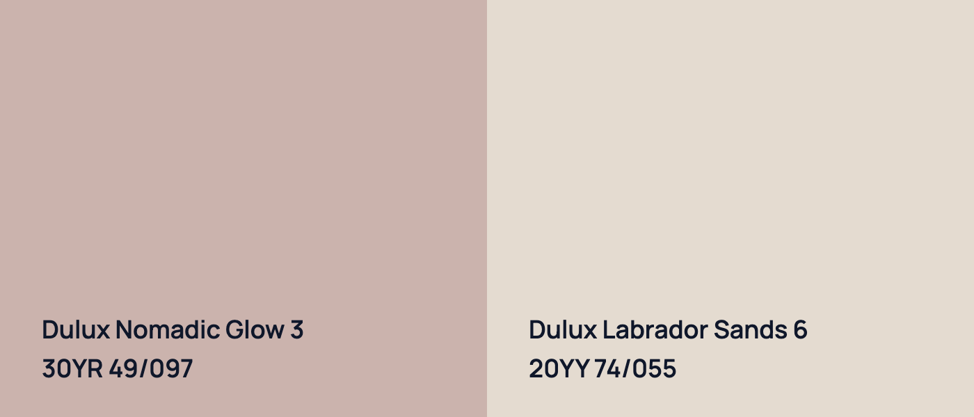 Dulux Nomadic Glow 3 30YR 49/097 vs Dulux Labrador Sands 6 20YY 74/055