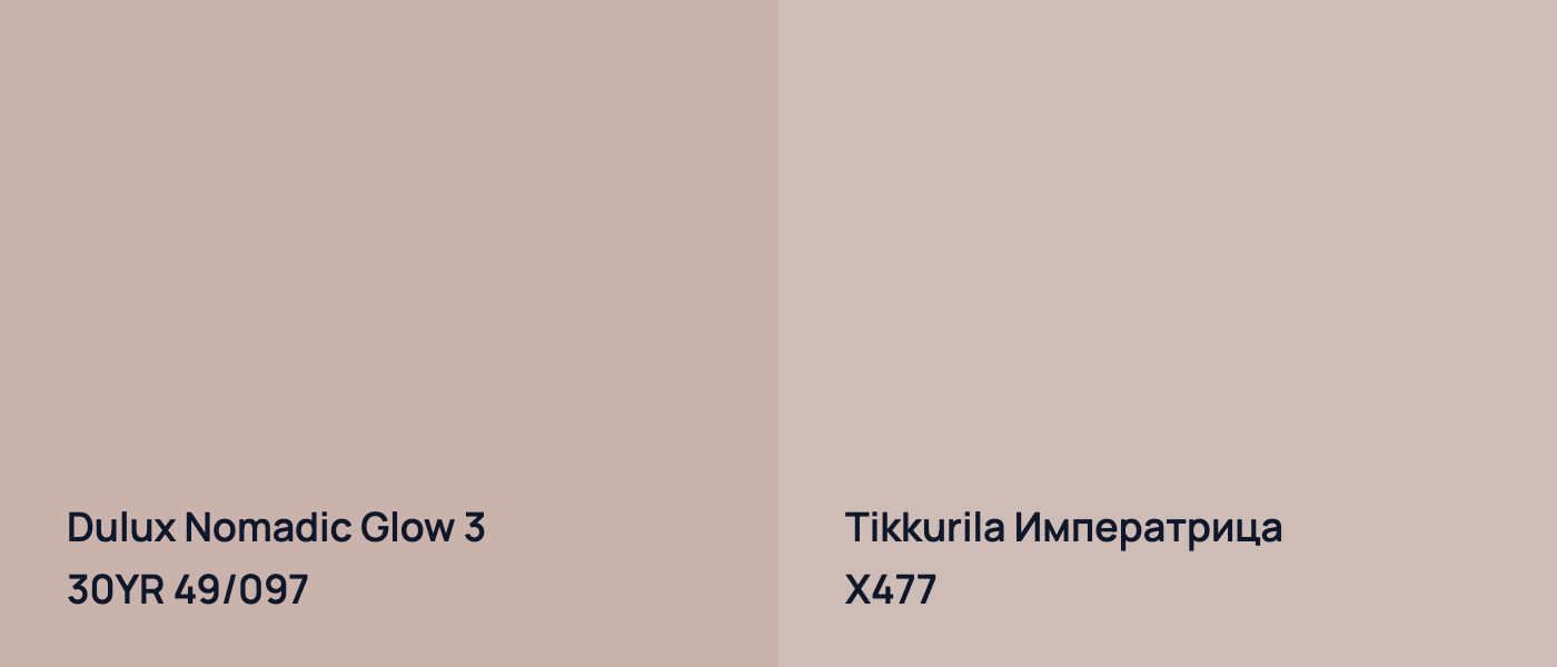 Dulux Nomadic Glow 3 30YR 49/097 vs Tikkurila Императрица X477