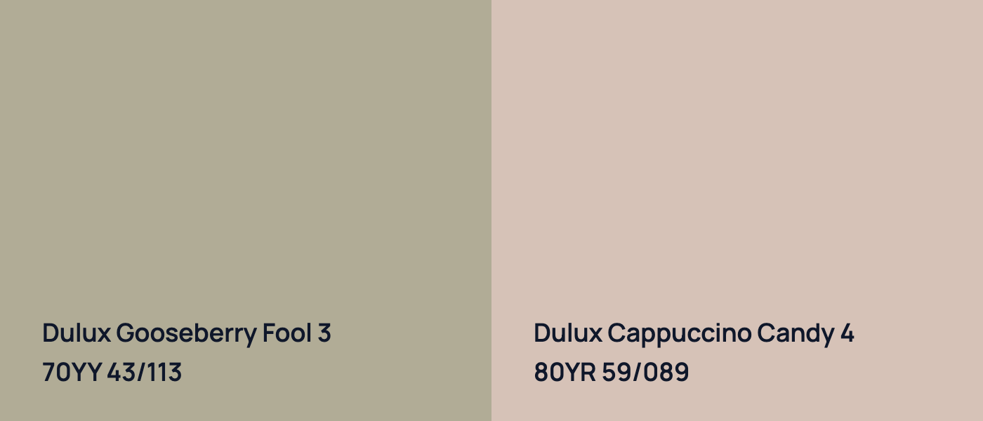 Dulux Gooseberry Fool 3 70YY 43/113 vs Dulux Cappuccino Candy 4 80YR 59/089