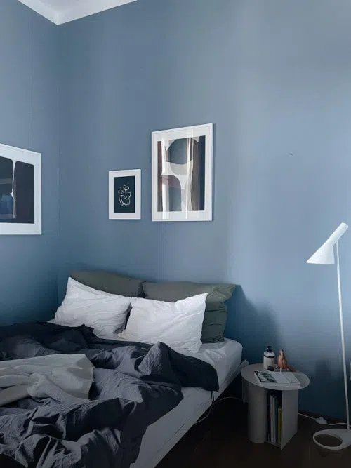 Аскетичный интерьер спальни с голубыми стенами